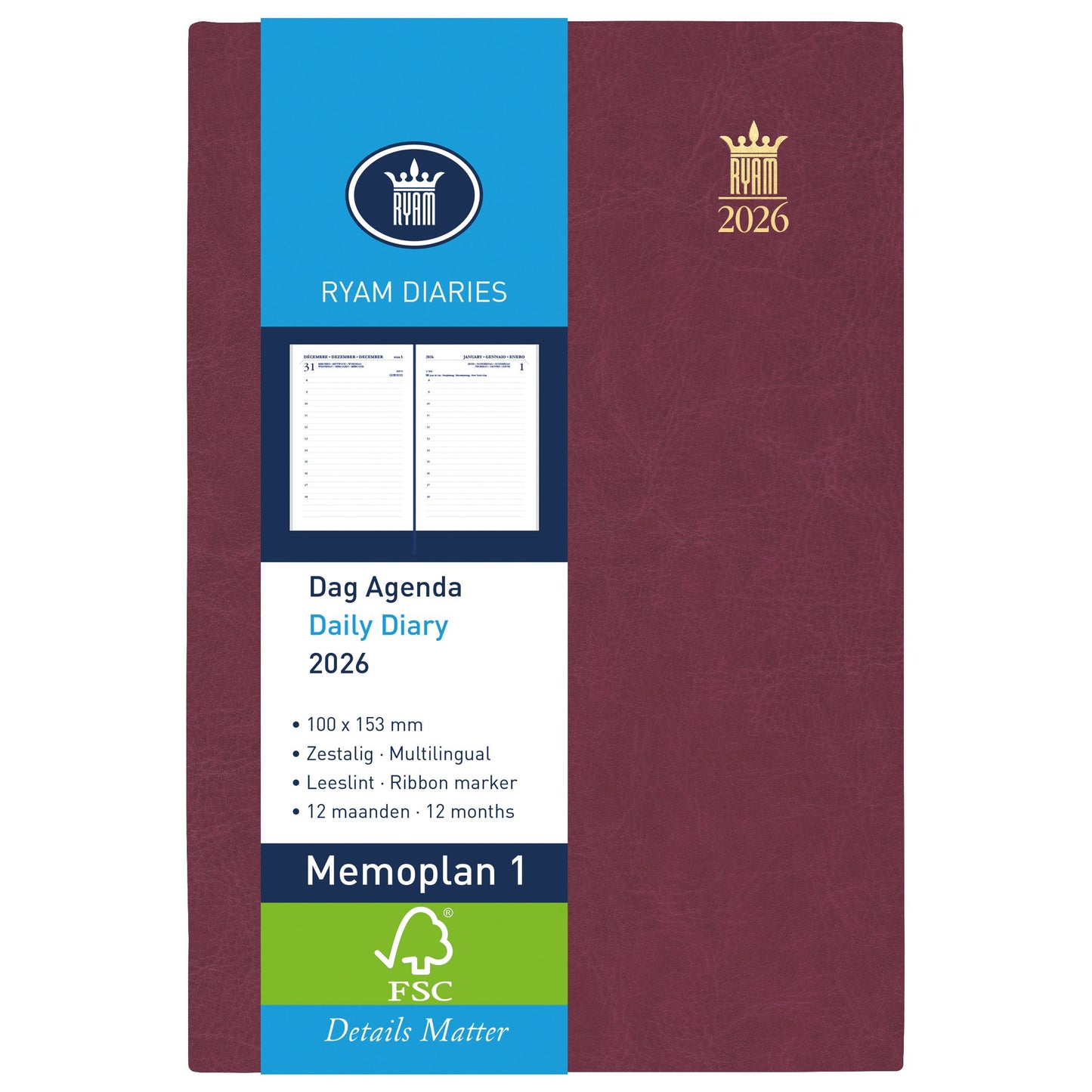 Ryam – Agenda 2026 Memoplan 1 Mundior 1 Tag/1 Seite Burgunderrot