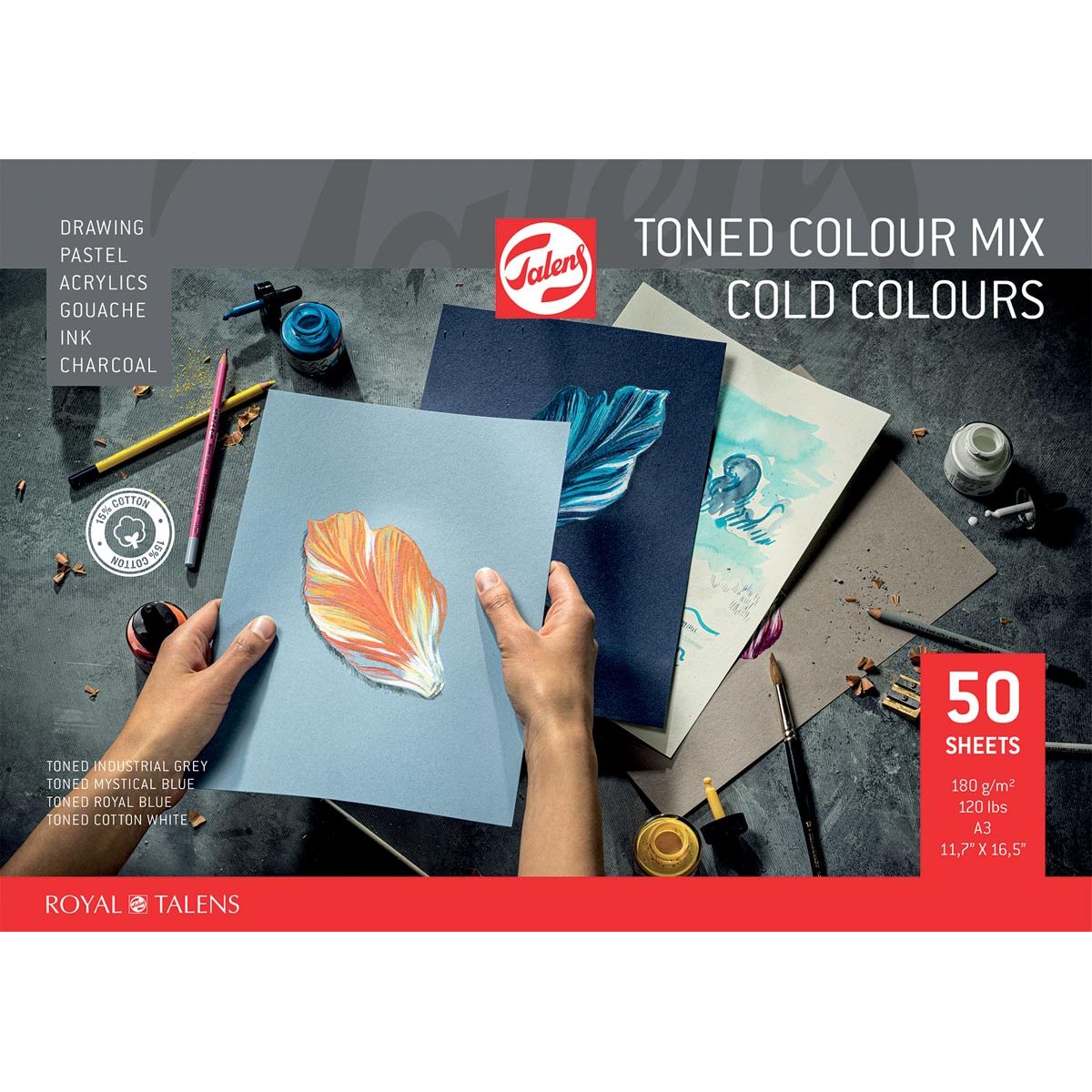Talens – farbiges Zeichenpapier, 180 g, ft 29,7 x 42 cm, A3, verschiedene kalte Farben, Block mit 50 Blatt