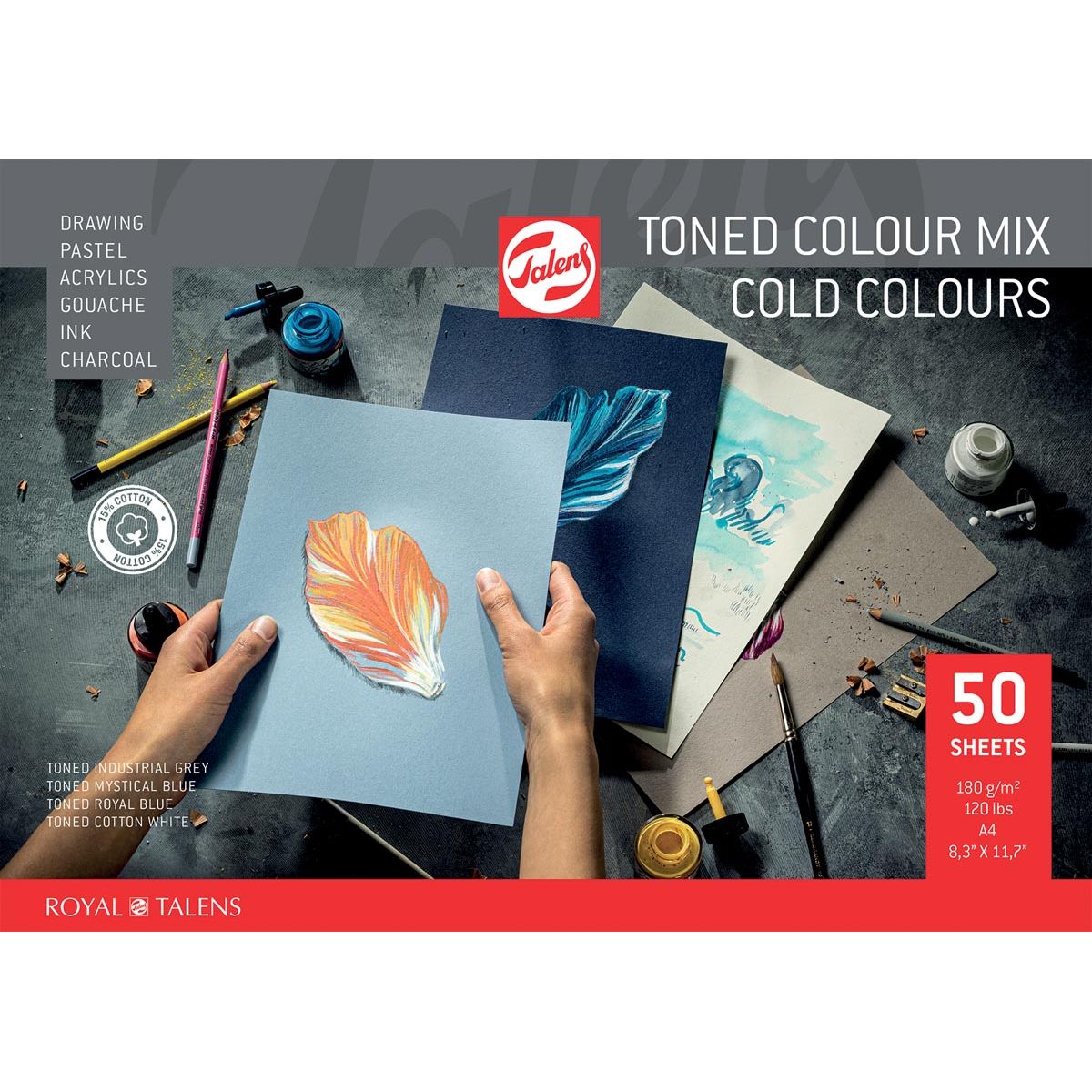 Talens – farbiges Zeichenpapier, 180 g, ft 21 x 29,7 cm, A4, verschiedene kalte Farben, Block mit 50 Blatt