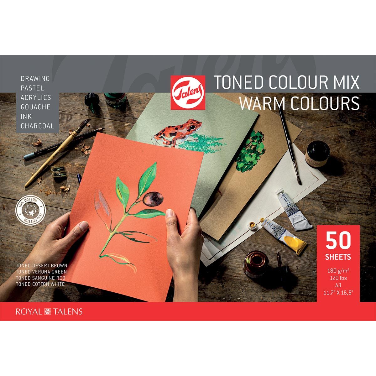 Talens – farbiges Zeichenpapier, 180 g, ft 29,7 x 42 cm, A3, verschiedene warme Farben, Block mit 50 Blatt