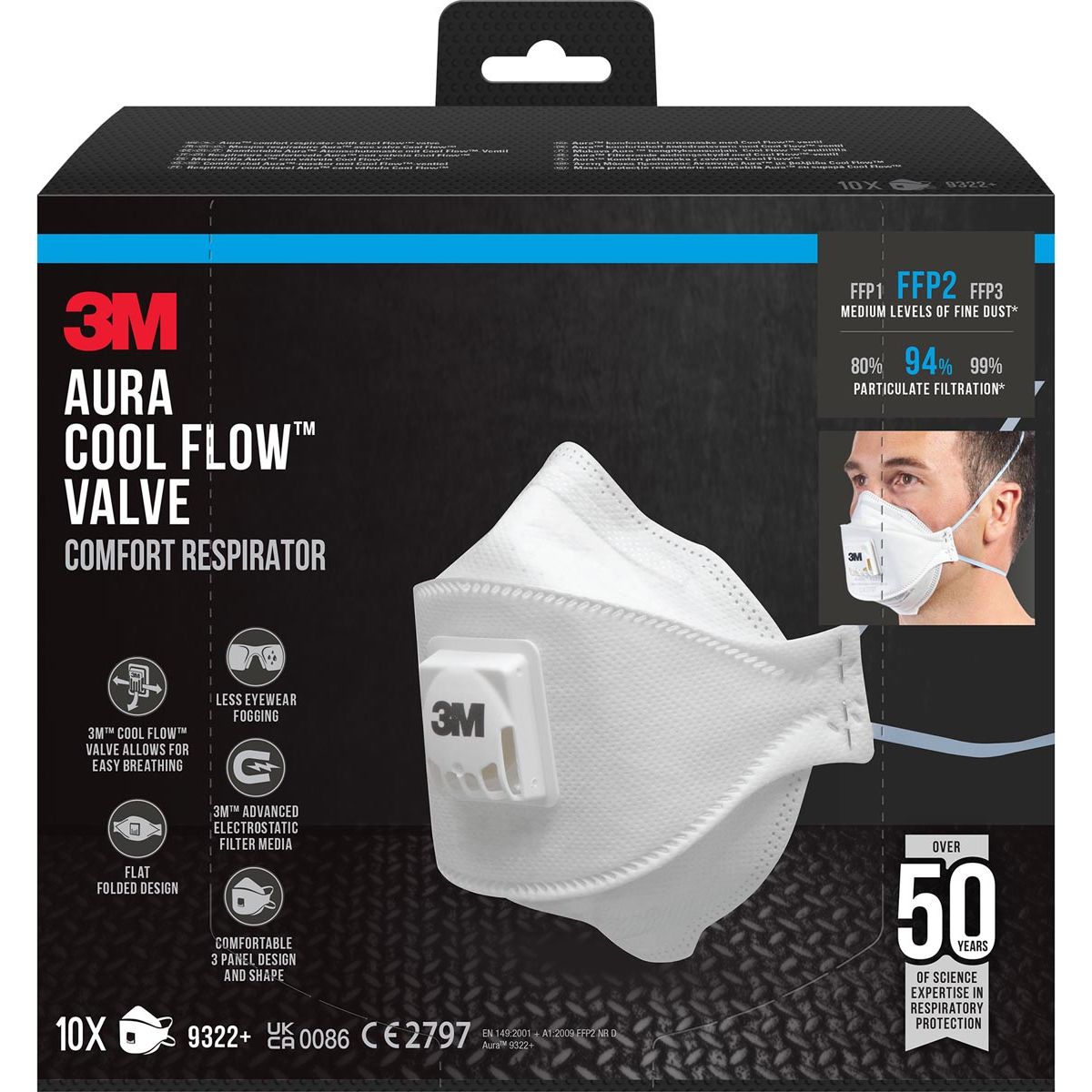 3M - Aura Comfort Cool Flow stofmasker, FFP2, met ventiel, pak van 10 stuks