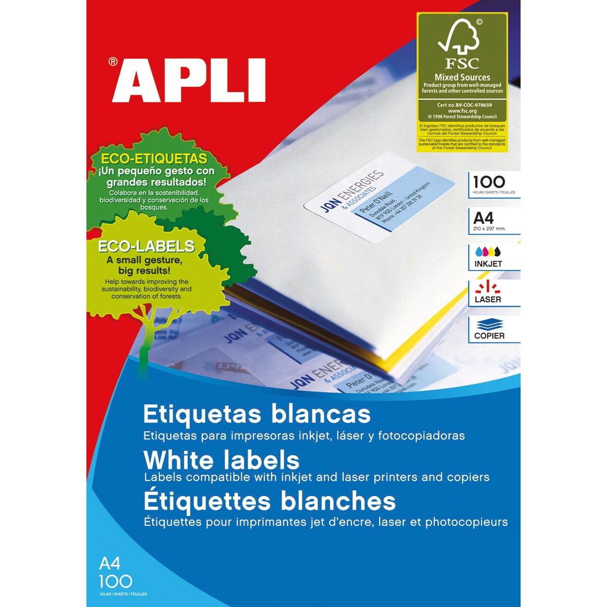 Apli – Weiße Etiketten ft 105 x 42,4 mm (B x H), 1.400 Stück, 14 pro Blatt (1277)