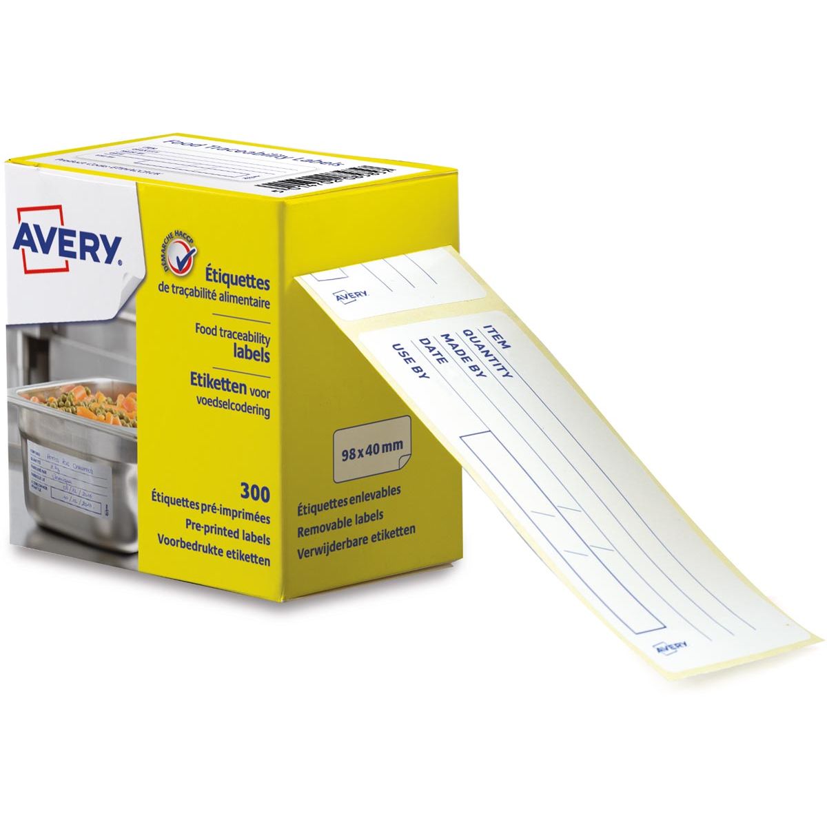 Avery – Lebensmittelkodierungsetiketten, ft 98 x 40 mm, 1 Rolle mit 300 Abreißetiketten im Spender, Englisch
