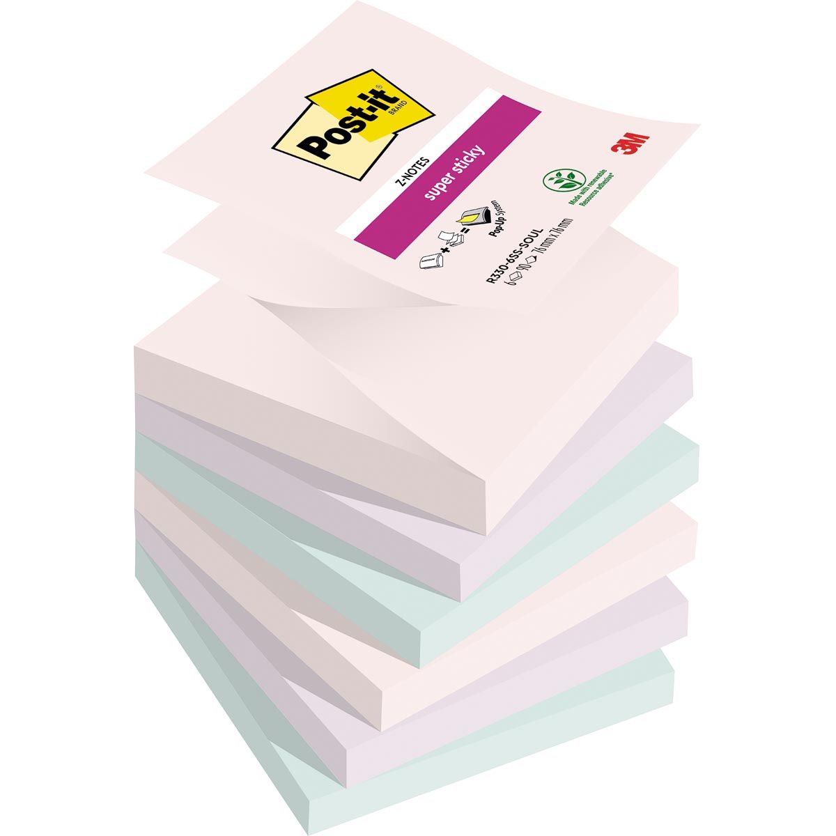 Post-it – Super Sticky Z-Notes Soulful, 90 Blatt, 76 x 76 mm, verschiedene Farben, Packung mit 6 Blöcken