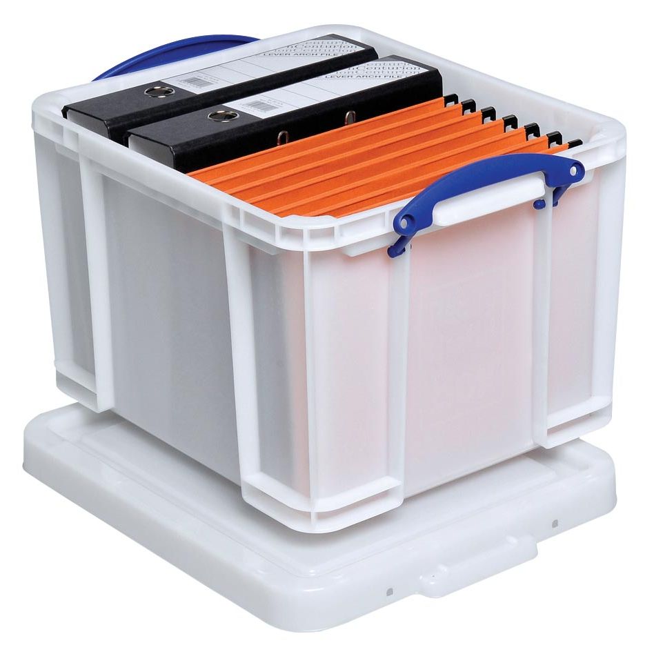 Really Useful Box – Box Aufbewahrungsbox 35 Liter, weiß mit blauen Griffen