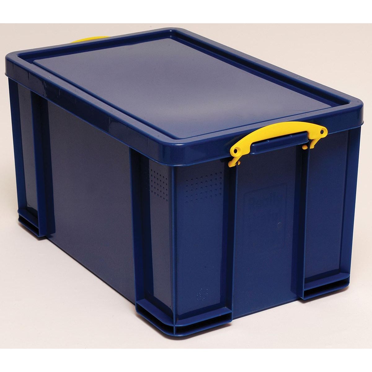 Really Useful Box – Box Aufbewahrungsbox 84 Liter, dunkelblau mit gelben Griffen