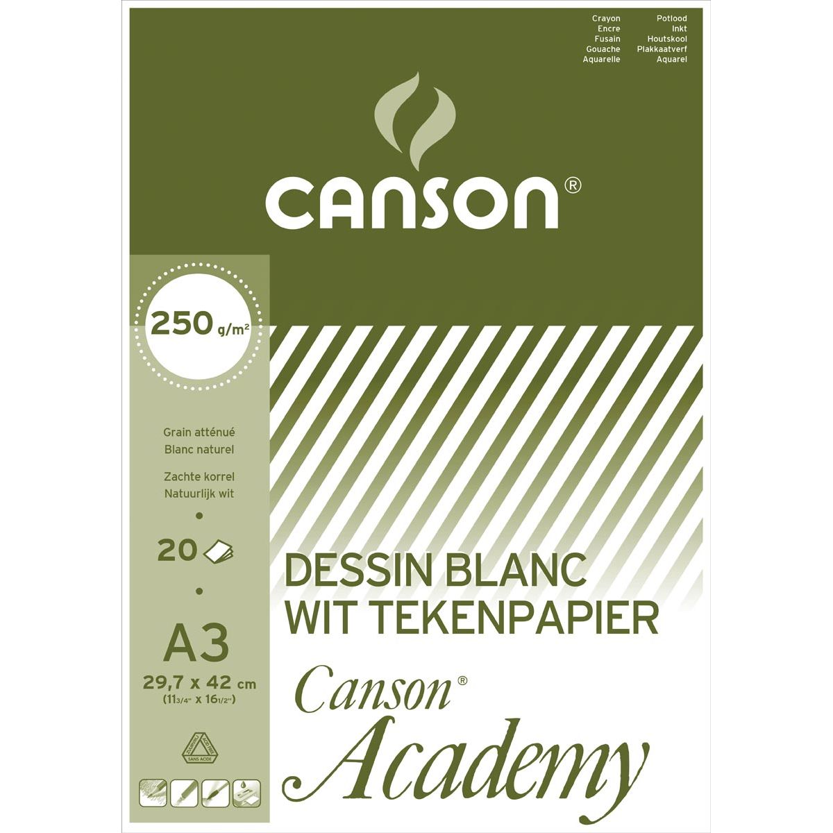 Canson – Zeichenpapier Academy, 250 g, ft 29,7 x 42 cm, A3, Block mit 20 Blatt
