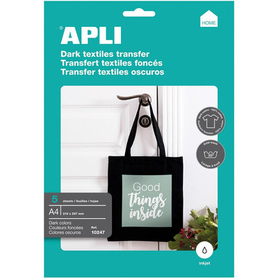 Apli - T-Shirt-Transferpapier für dunkle oder schwarze Textilien, Packung mit 5 Blatt
