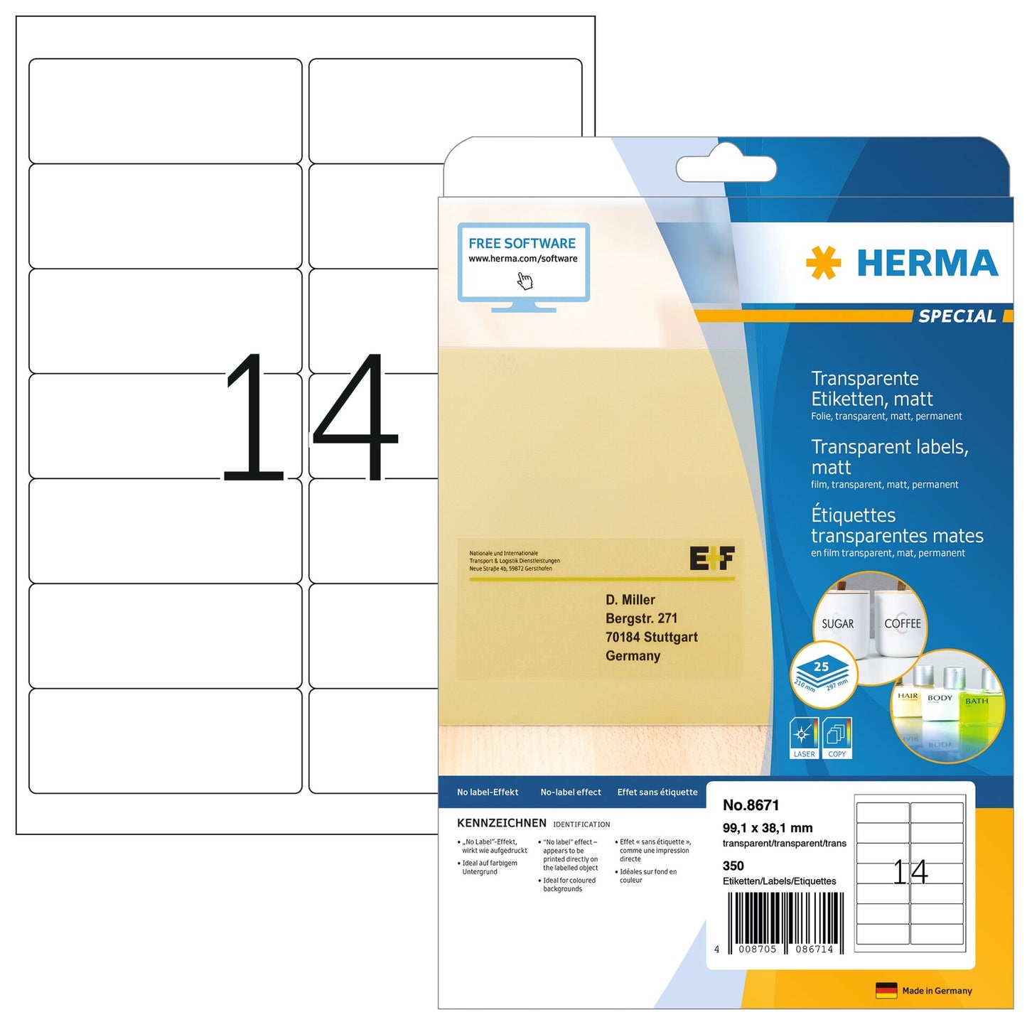 HERMA - Etikett 8671 A4 99,1x38,1mm Folie transparent matt 350Stk
