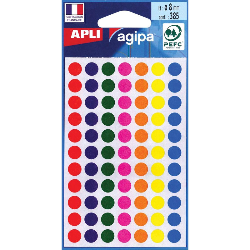 Agipa – runde Etiketten im Etui, Durchmesser 8 mm, farbig sortiert, 385 Stück, 77 pro Blatt