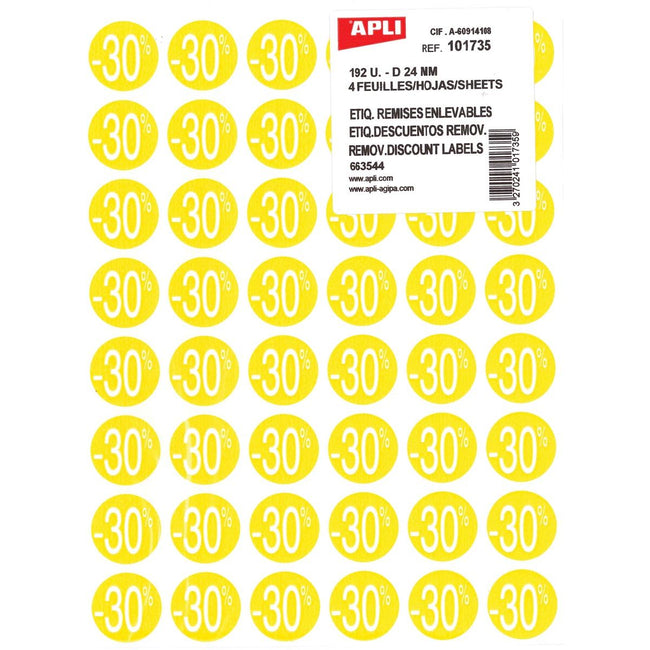 Apli - Agipa Rabattetikett -30 %, gelb, Packung à 192 Stück, abnehmbar