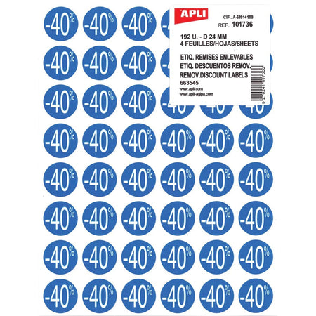 Apli - Agipa Rabattetikett -40 %, blau, Packung à 192 Stück, abnehmbar
