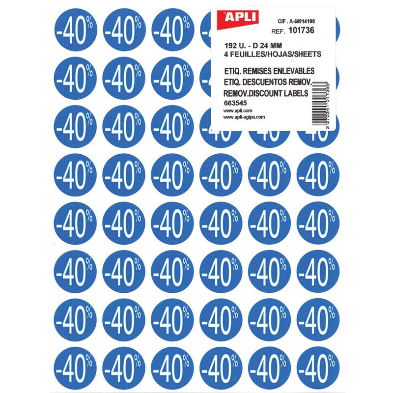 Apli - Agipa Rabattetikett -40 %, blau, Packung à 192 Stück, abnehmbar