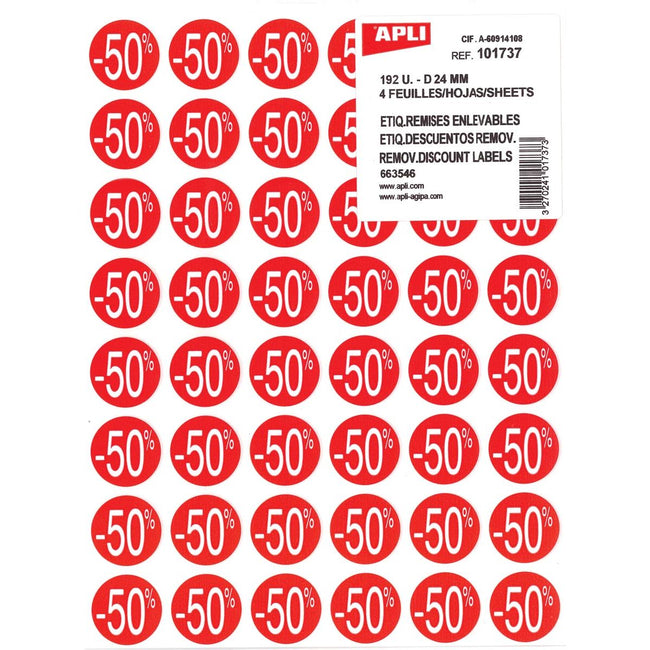 Apli - Agipa Rabattetikett -50 %, rot, Packung à 192 Stück, abnehmbar