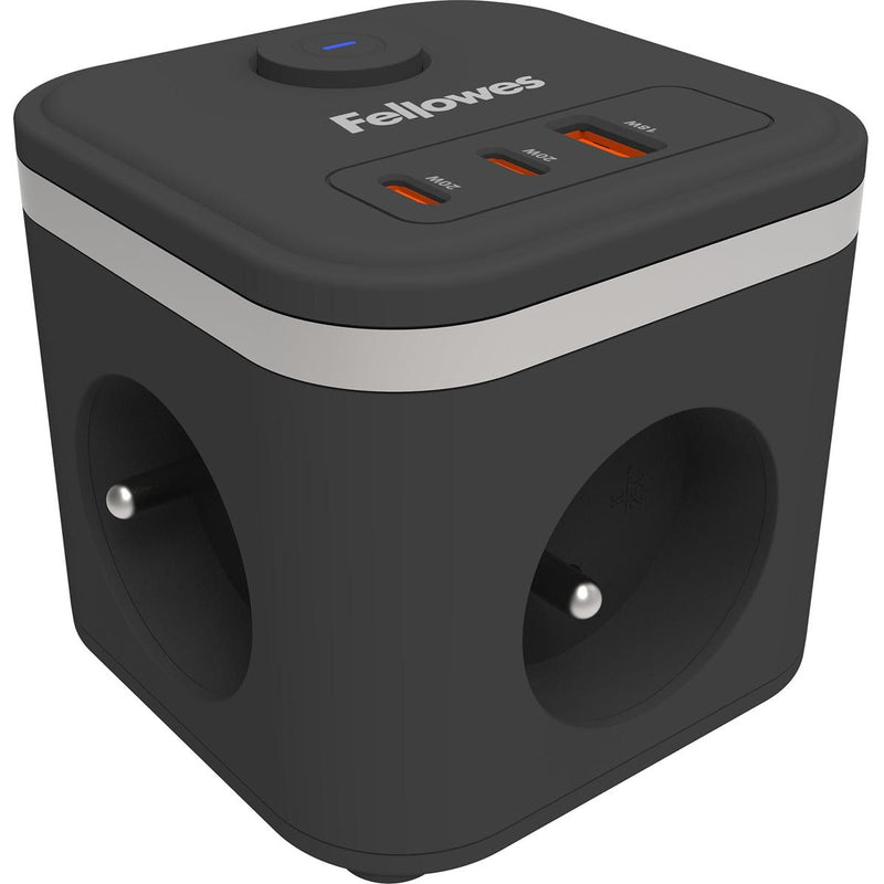 Fellowes -  contactdoos Power Cube, 3 stopcontacten + 1 x USB-A + 2 x USB-C, zwart, voor België