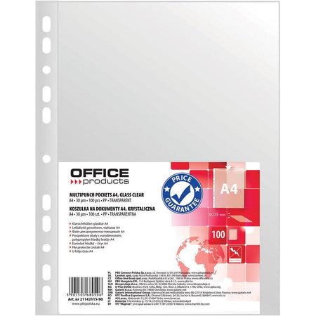 OFFICE-Produkte - Perforierte Präsentationstasche, A4, 30 Mikron, glasklar, Packung mit 100 Stück
