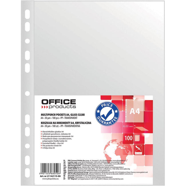 OFFICE-Produkte - Perforierte Präsentationstasche, A4, 30 Mikron, glasklar, Packung mit 100 Stück