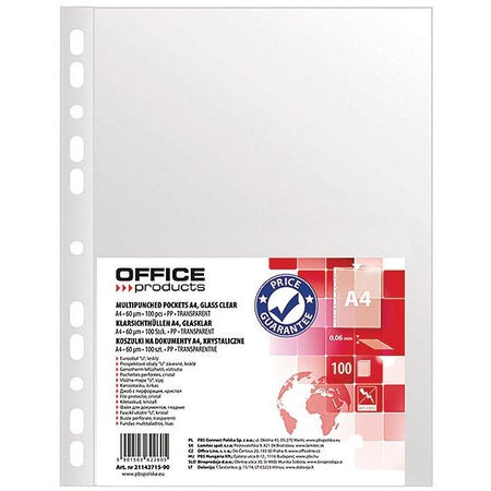 OFFICE-Produkte – perforierte Präsentationstasche, ft A4, 60 Mikron, glasklar, Packung mit 100 Stück