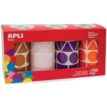 Apli Kids - Kinderaufkleber XL, Box mit 4 Rollen in 4 Farben und 4 Formen (Braun, Rosa, Lila und Orange)