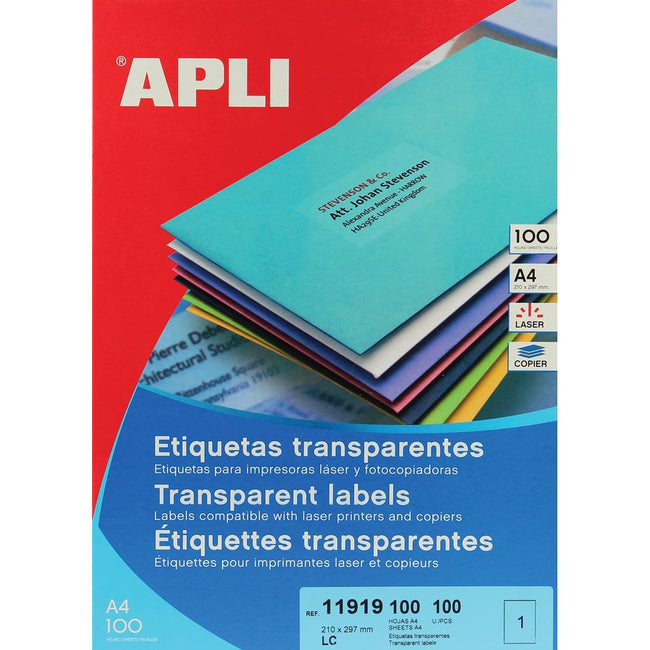 Apli – Transparente Etiketten ft 210 x 297 mm (B x H), 100 Stück, 1 pro Blatt, Karton mit 100 Blatt