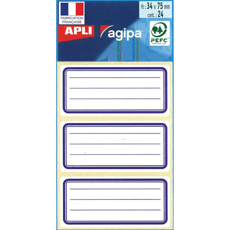 Agipa – Schuletiketten ft 75 x 34 mm (B x H), 24 Etiketten pro Karton, blauer Rand, liniert