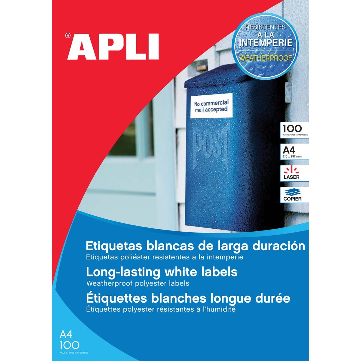 Apli – Wetterfeste Etiketten, 210 x 297 mm (B x H), 100 Stück, 1 pro Blatt, Karton mit 100 Blatt