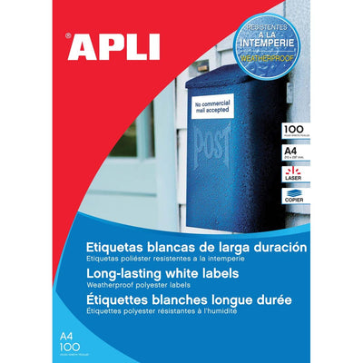 Apli – Wetterfeste Etiketten, 210 x 297 mm (B x H), 100 Stück, 1 pro Blatt, Karton mit 100 Blatt