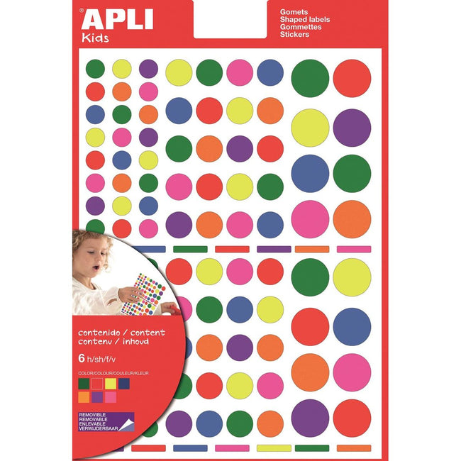 Apli Kids – Ablösbare Aufkleber für Kinder, Kreis, Blister mit 624 Stück in verschiedenen Farben und Größen