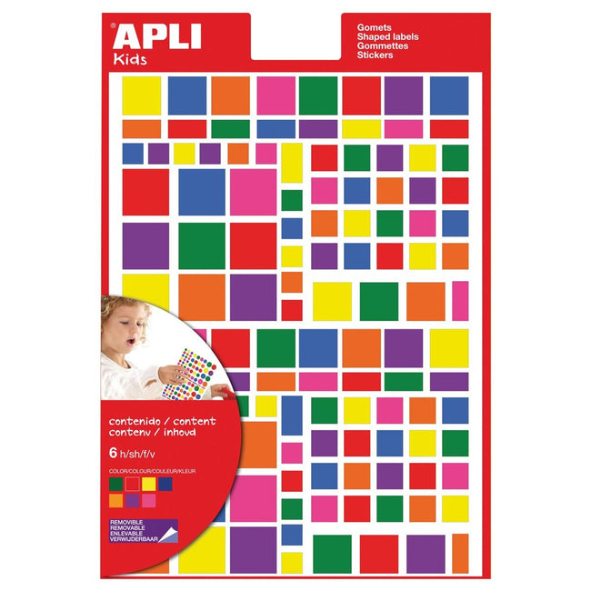 Apli Kids – Ablösbare Aufkleber für Kinder, quadratisch, Blister mit 756 Stück in verschiedenen Farben und Größen