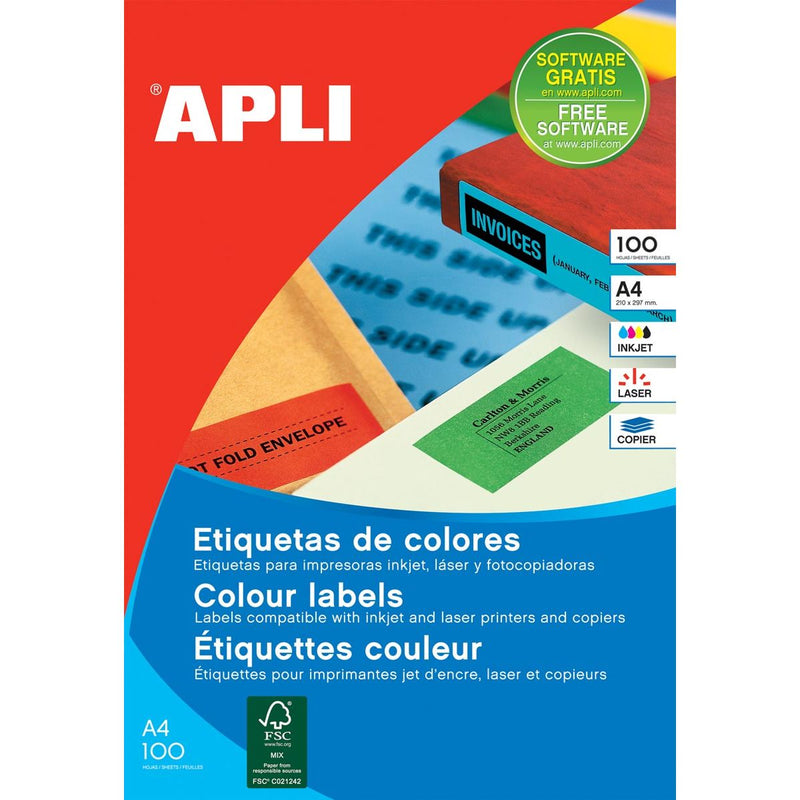 Apli – Farbige Etiketten ft 105 x 37 mm (B x H), gelb, 1.600 Stück, 16 pro Blatt, Karton mit 100 Blatt