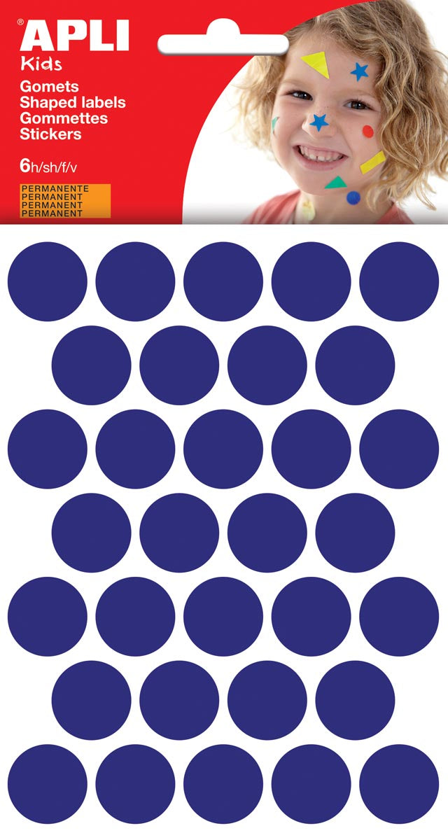 Apli Kids - Kinderaufkleber, Kreisdurchmesser 20 mm, Blister mit 180 Stück, blau