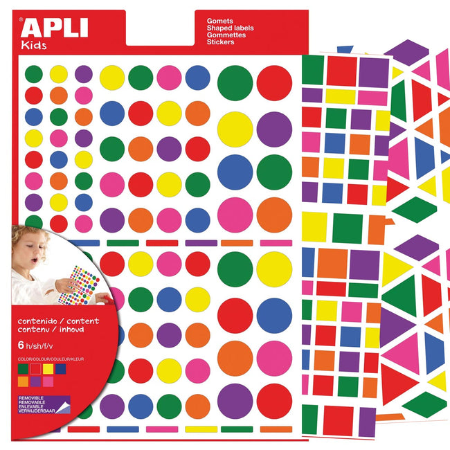 Apli Kids – Ablösbare Aufkleber für Kinder, verschiedene Formen, Farben und Größen, Blister mit 664 Stück