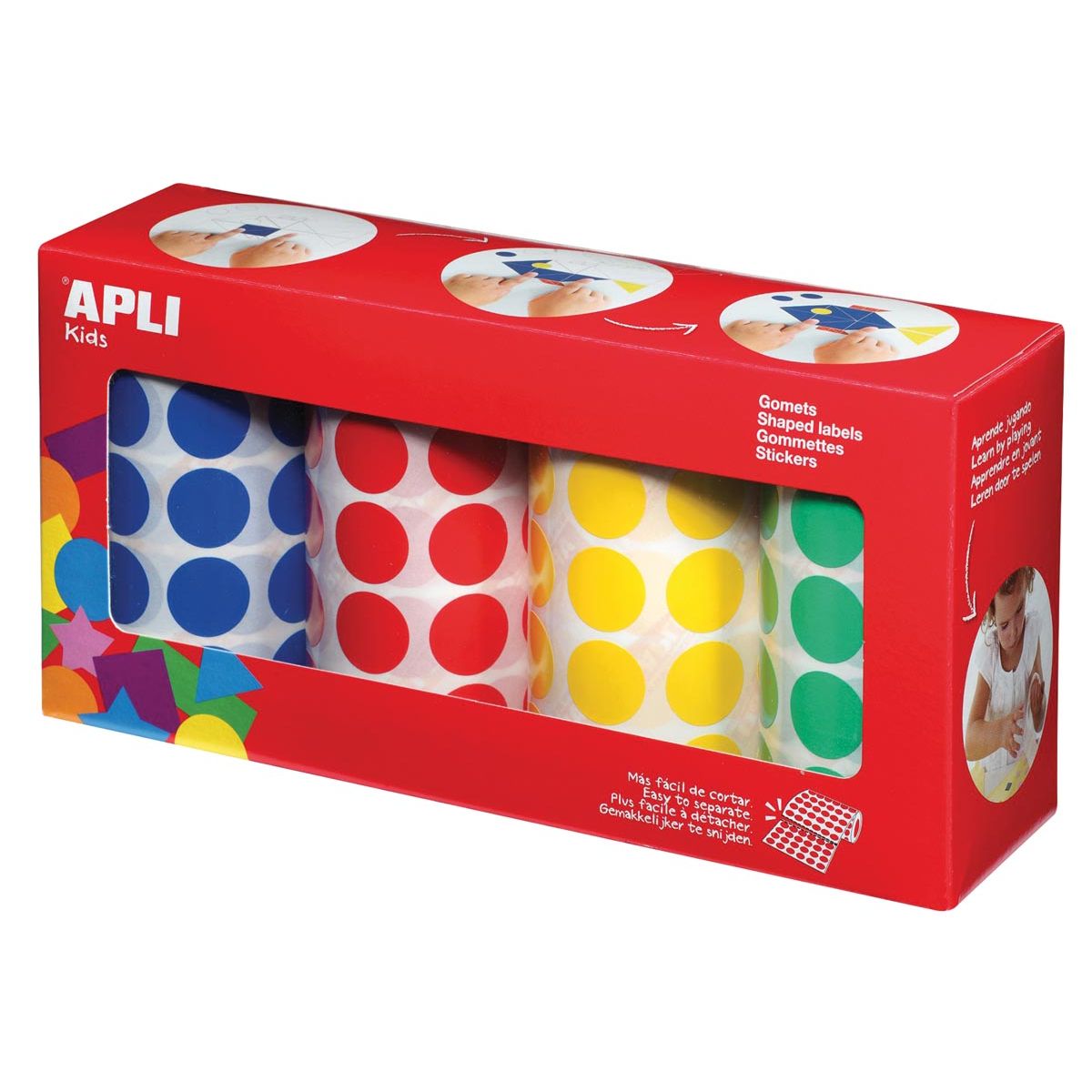 Apli Kids - Kinderaufkleber XL Kreise, Durchmesser 20 mm, Box mit 4 Rollen in 4 Farben