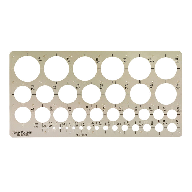 Linex - Kreisschablone 39 Kreise mit Tuschefüßen 1-35mm grau