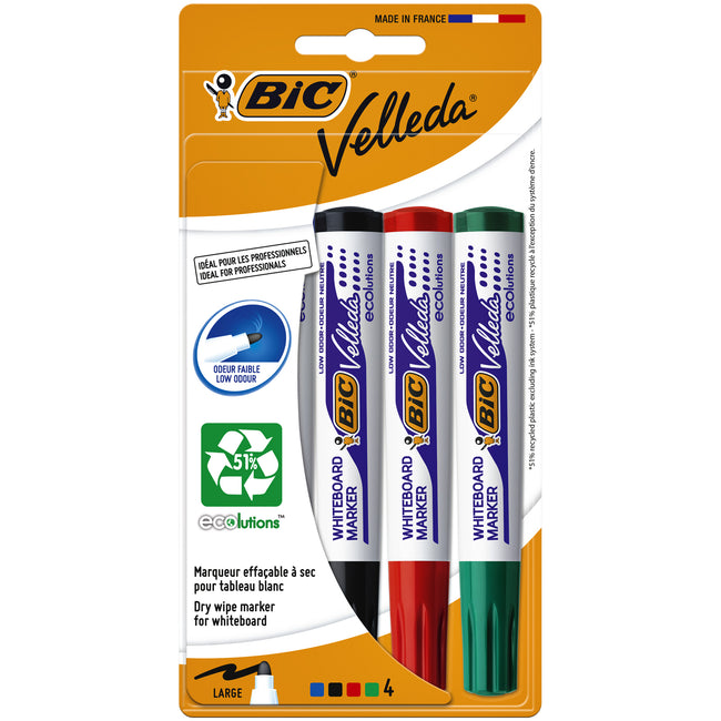 Bic – Whiteboard-Marker Velleda 1704, rund, groß, sortiert, Blister mit 4 Stück