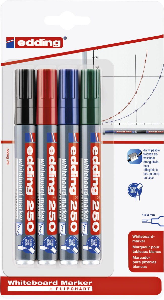 Edding - Whiteboard-Marker 250 rund 1,5-3 mm, sortiert, Blister mit 4 Stück