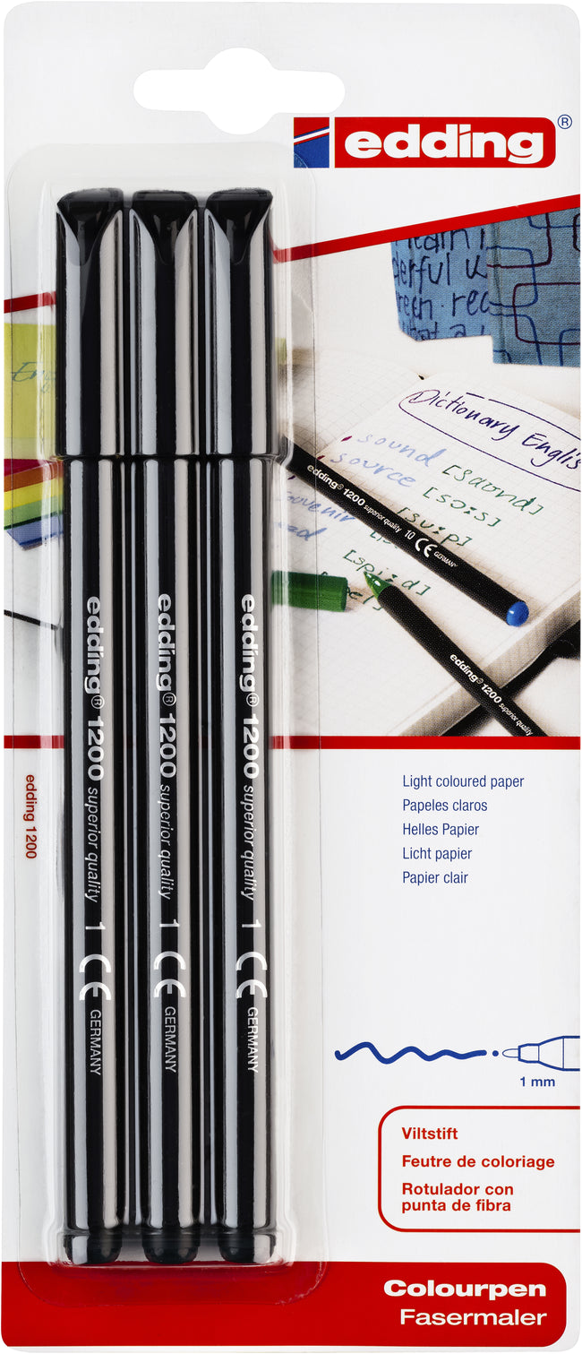 Edding - Fineliner 1200 001 feiner schwarzer Blister mit 3 Stück