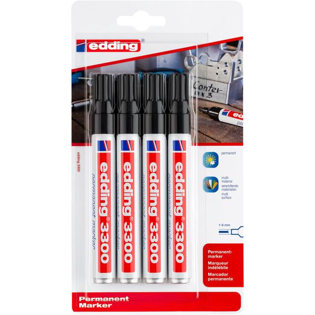 Edding - Permanent Marker 3300 Blister mit 4 Teilen, schwarz