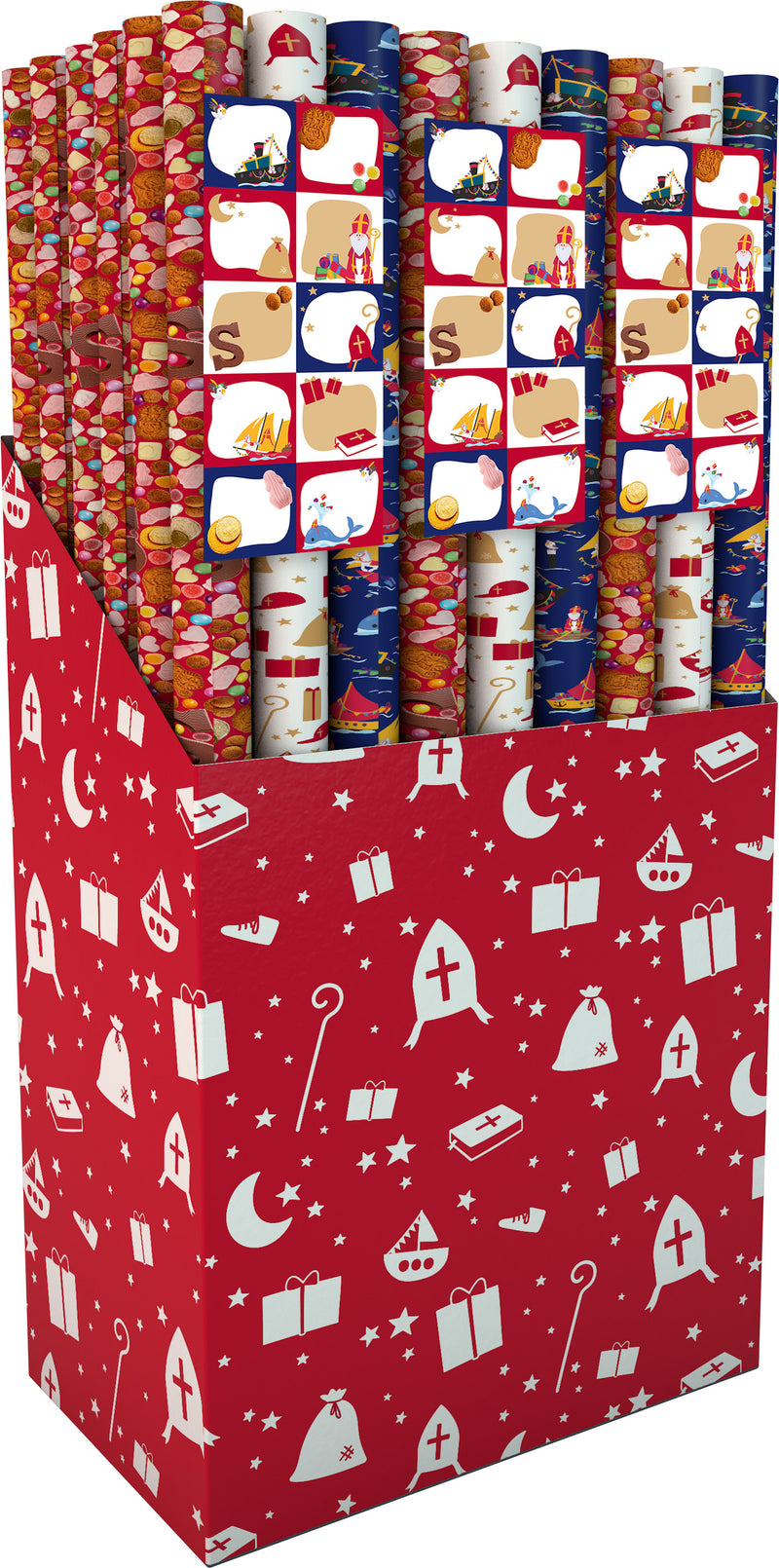 IG Design – Geschenkpapier Sint 200 x 70 cm, Set mit 3 Rollen + Aufkleberbogen mit 10 Etiketten sortiert