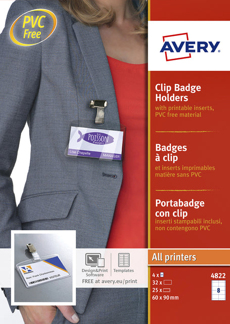 Badge Avery avec clip 4822 60x90mm 25 pièces + 32 cartes dinsertion | 6 morceaux