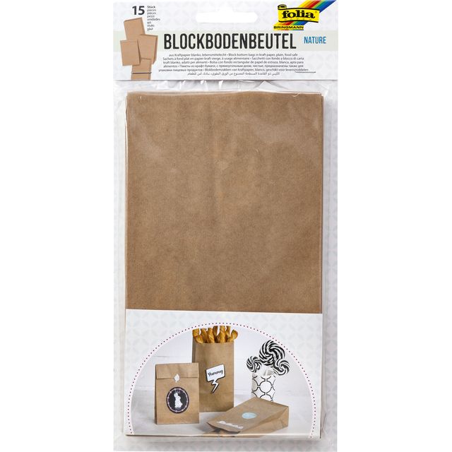 Folia Paper - Blockbodenbeutel Folia 12x6x21cm, lebensmittelechtes Kraftpapier, Set mit 15 Stück