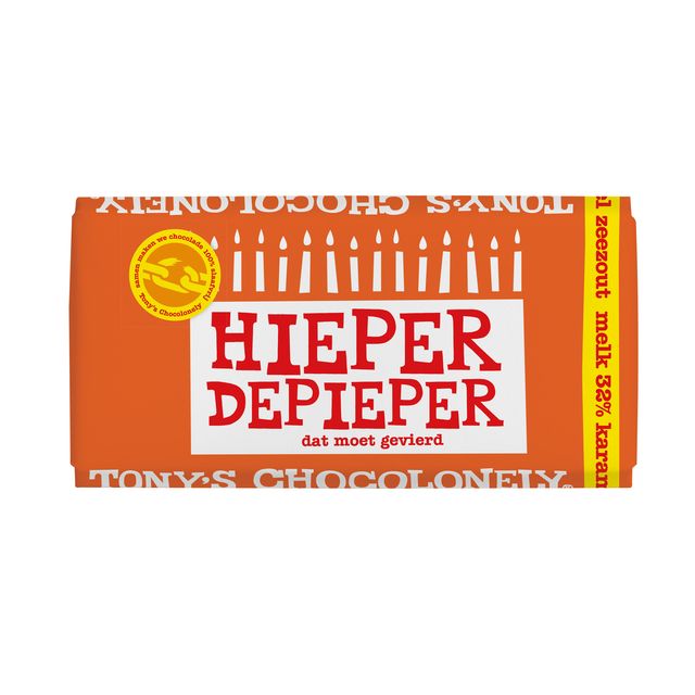 Tony's Chocolonely - Schokoladen-Milch-Karamell-Meersalz-Hiper-The-Beeper-Riegel 180gr