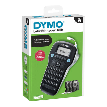 Dymo – Etikettendrucker LabelManager 160, tragbares QWERTZ-12-mm-Schwarz-Vorteilspaket