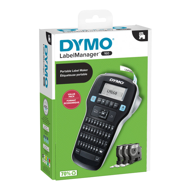 Dymo – Etikettendrucker LabelManager 160, tragbares QWERTZ-12-mm-Schwarz-Vorteilspaket