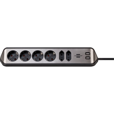 Brennerstuhl - Estilo Tischsteckdose 6-fach inklusive 2 USB 2 Meter schwarz/silber | 6 Stück