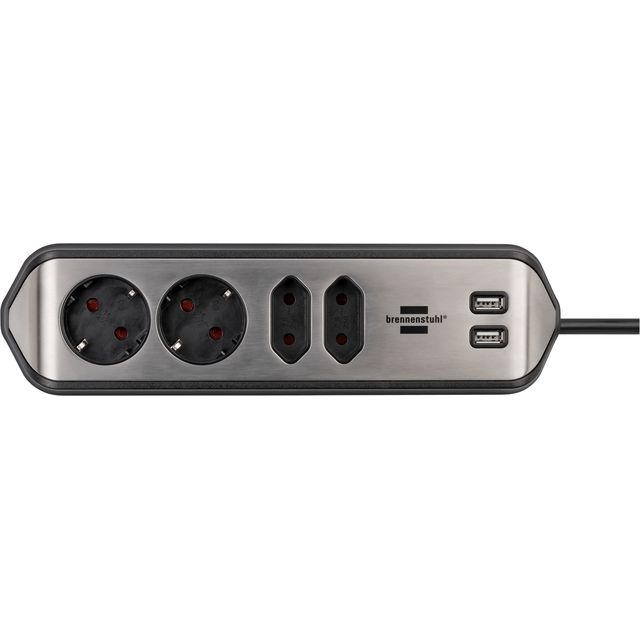Brennerstuhl - Estilo Tischsteckdose 4-fach inkl. 2 USB 2 Meter schwarz/silber
