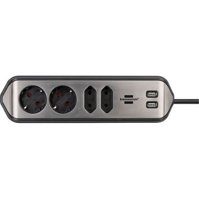 Brennerstuhl - Estilo Tischsteckdose 4-fach inkl. 2 USB 2 Meter schwarz/silber