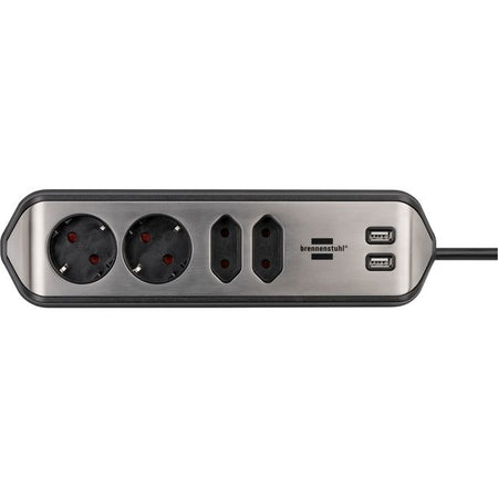 Brennerstuhl - Estilo Tischsteckdose 4-fach inkl. 2 USB 2 Meter schwarz/silber