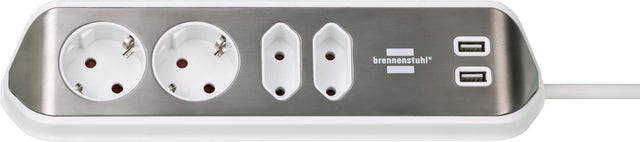 Brennerstuhl - Estilo Tischsteckdose 4-fach inklusive 2 USB 2 Meter weiß/silber