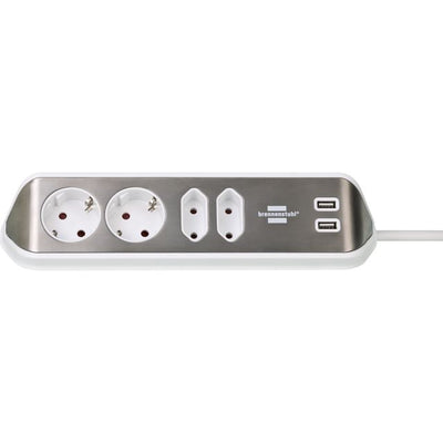 Brennerstuhl - Estilo Tischsteckdose 4-fach inklusive 2 USB 2 Meter weiß/silber